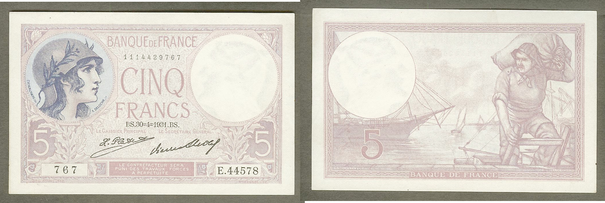 5 francs Violet 1931 Unc